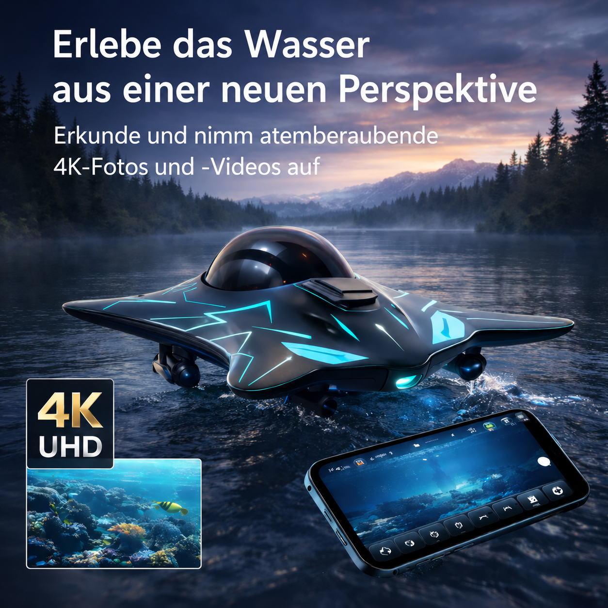 AquaSpy 4K Wasserdrohne mit Unterwasserkamera für klare Fotos und Videos in Seen, Pools und am Meer