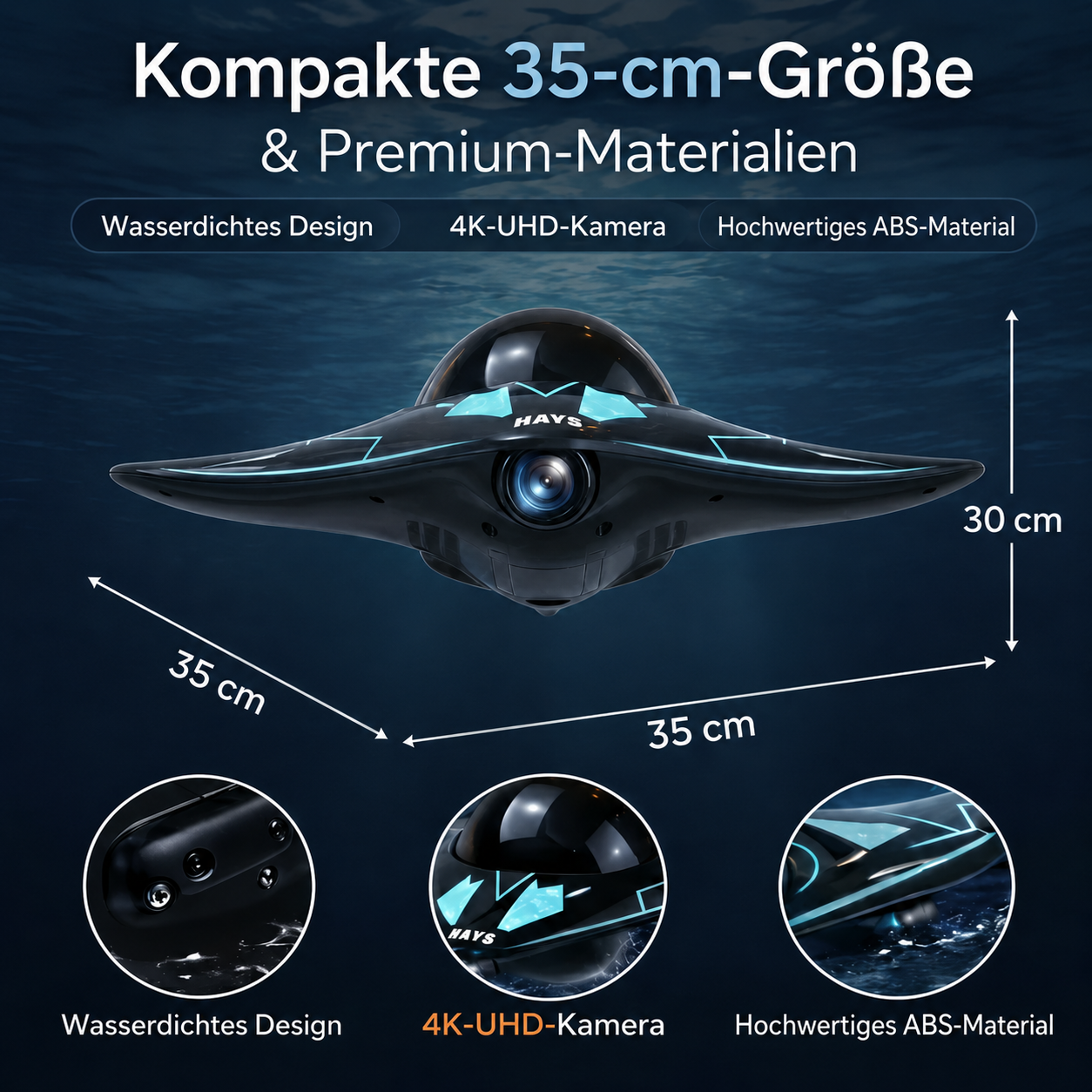 Kompakte AquaSpy Wasserdrohne mit 35 cm Größe, wasserdichtem Design und hochwertigem ABS-Material
